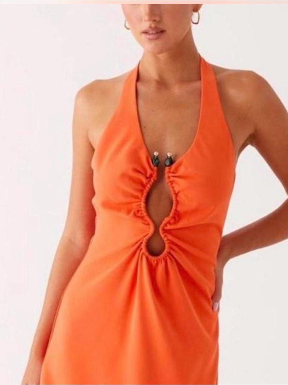 Peppermayo Orange Halter Mini Dress with Ruched Keyhole